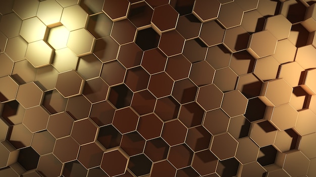 3D-Rendering von abstrakten sechseckigen geometrischen goldenen Oberflächen im virtuellen Raum