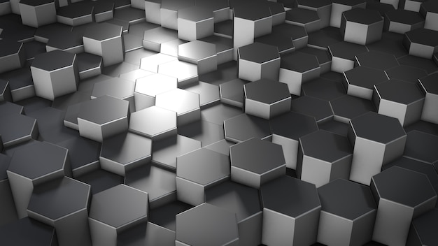 3D-Rendering von abstrakten sechseckigen geometrischen Metalloberflächen im virtuellen Raum