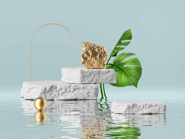 3D-Rendering von abstrakten Szenen für die Produktpräsentation auf einem weißen und goldenen Kopfsteinpflasterpodium