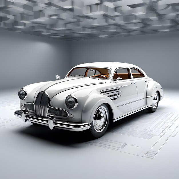 3D-Rendering von alten blauen Vintage-Auto-Studio-Fotoshoot eines alten Vintage-Fahrzeugs mit Nachtansicht