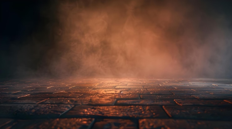 Foto 3d-rendering von asphalt, achteckigem steinboden, hellorange in einer dunklen leeren straße mit dunklem rauch hinten
