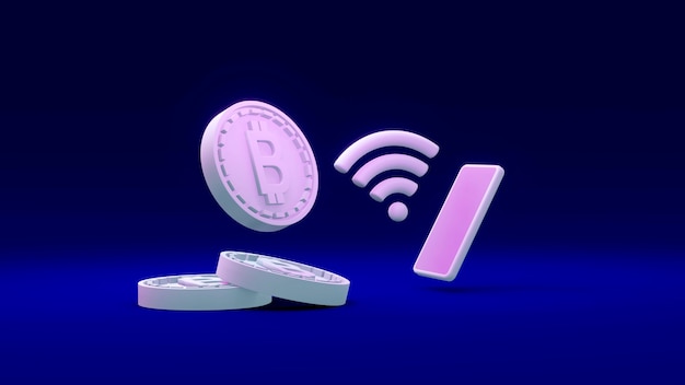 3D-Rendering von B-Münzen mit Bezug auf Bitcoin mit einem Telefon und dem Internet-WLAN-Symbol