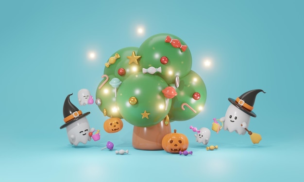 3D-Rendering von Baum mit Süßigkeiten-Geist und Kürbis-Konzept von Halloween-Hintergrund 3D-Render-Cartoon-Stil