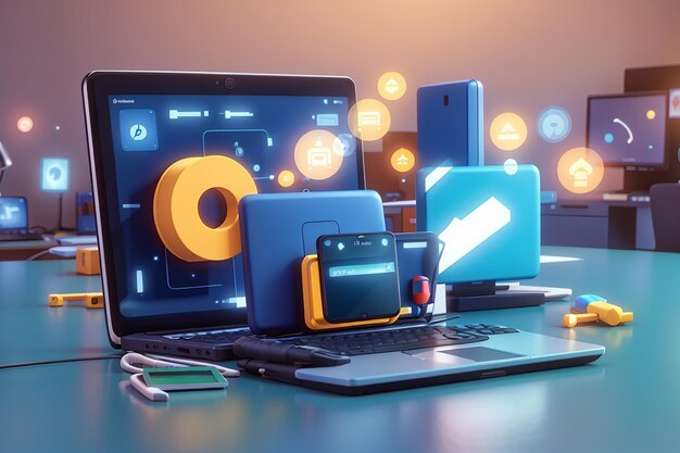 3D-Rendering von Übertragungssymbolen mit Computer und Telefon Konzept der Übertragung von Austausch im Internet auf dem Hintergrund 3D-rendering Illustration Cartoon-Stil