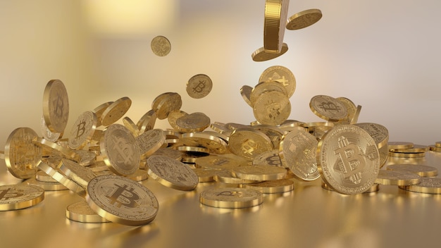 3D-Rendering von Bitcoin-Währung, Kryptowährung, die auf einen Haufen fällt