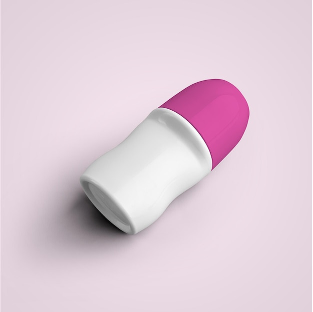 3D-Rendering von blanken weißen Rollen auf Deodorant-Plastikflasche mit rosa Kappe, isoliert auf grauem Hintergrund, geeignet für Ihr Mockup-Design