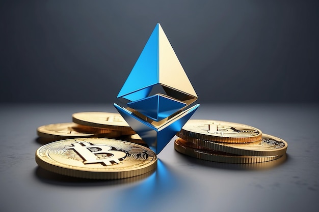 3D-Rendering von blauem Ethereum-Zeichen, das auf einer Gold-Kryptowährung Bitcoin mit grauem Copy-Space-Hintergrund schwimmt
