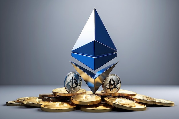 3D-Rendering von blauem Ethereum-Zeichen, das auf einer Gold-Kryptowährung Bitcoin mit grauem Copy-Space-Hintergrund schwimmt