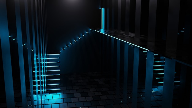 3D-Rendering von blauen Neonlicht-Treppenkorridoren im abstrakten Glasraum