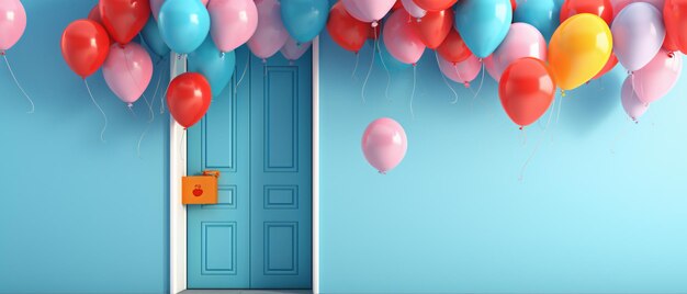 Foto 3d-rendering von bunten ballons, die durch eine blaue tür schwimmen