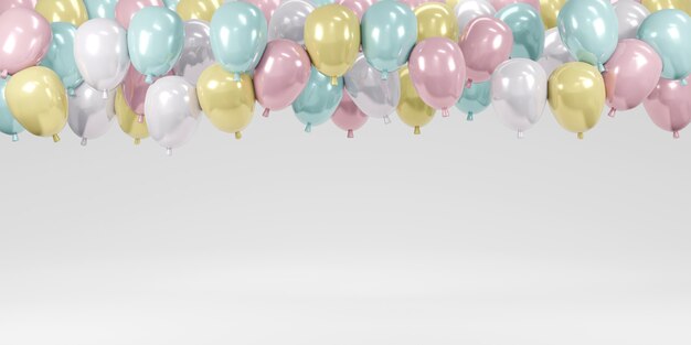 3D-Rendering von bunten Pastellballons, die auf weißem Hintergrund für Party-Event-Hintergrund schweben