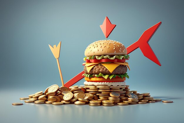 3D-Rendering von Burger auf Münzen und Pfeil, der nach oben zeigt Konzept der Lebensmittelinflation 3D-rendering Illustration Cartoon-Stil