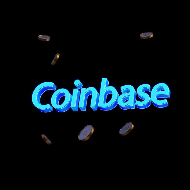 3D-Rendering von Coinbase-Logo in durchsichtigem blauem Glas, das in einem scharfen Winkel schwebt, eine Neonblau-Outline-Werbung