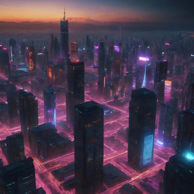 3D-Rendering von Cyber Punk Night City Landschaftskonzept Licht leuchtet auf dunkler Szene Nachtleben Technolo