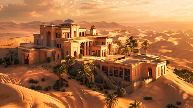 Foto 3d-rendering von desert mansion mit palmen beim sonnenuntergang