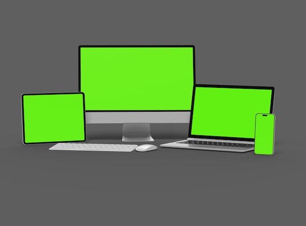 3D-Rendering von Desktop-Laptop, Smartphone und Tablet auf dunklem Hintergrund