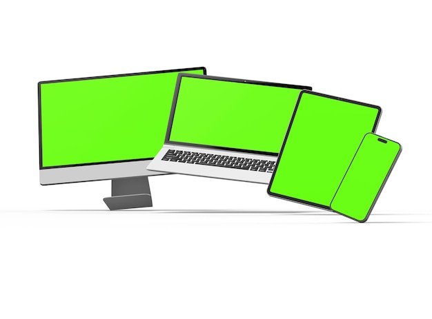 Foto 3d-rendering von desktop-laptop, smartphone und tablet auf einem hellen hintergrund
