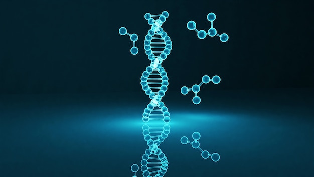 3D-Rendering von DNA-Molekülen mit blauem Licht