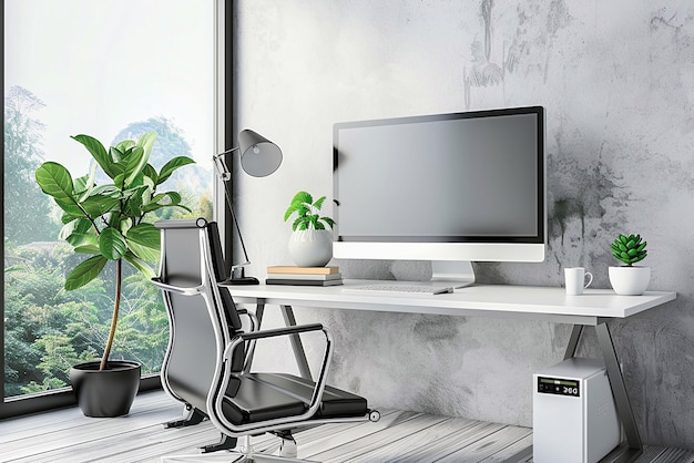 3D-Rendering von einem leeren Bildschirm mit modernem Arbeitsplatz mit bequemem modernen Schreibtisch