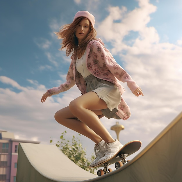 3D-Rendering von einem Mädchen auf einem Skateboard, das mit dem Skaten genießt