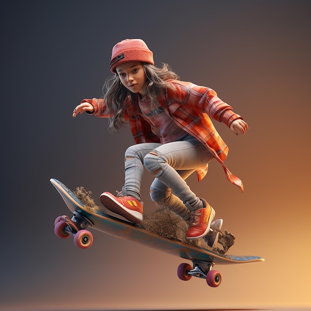 3D-Rendering von einem Mädchen auf einem Skateboard, das mit dem Skaten genießt