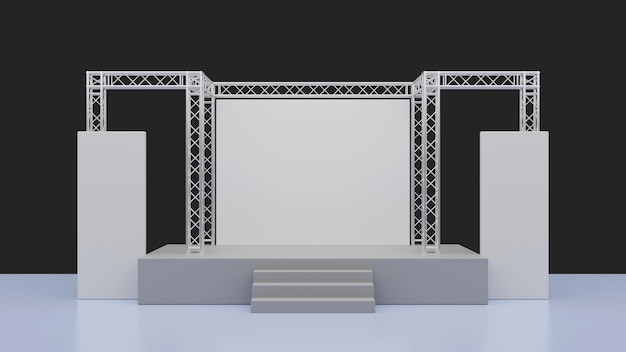 3D-Rendering von einfachen Bühnen- und Traversenkonstruktionen auf schwarzem Hintergrund Geschäftspräsentation