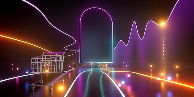 3D-Rendering von Einkaufswagen und Lichtspuren