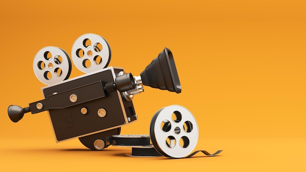 3D-Rendering von Elementen der Filmindustrie Kamera-Tickets Popcorn-Kino-Sessel für die Werbung im Kino