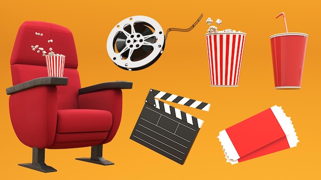 3D-Rendering von Elementen der Filmindustrie Kamera-Tickets Popcorn-Kino-Sessel für die Werbung im Kino