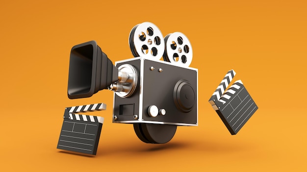 3D-Rendering von Elementen der Filmindustrie Kamera-Tickets Popcorn-Kino-Sessel für die Werbung im Kino
