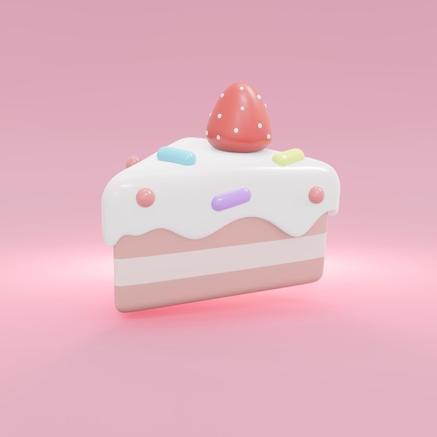 3D-Rendering von Erdbeerkuchen im Pastellthema auf rosa Hintergrund. 3D-Render-Abbildung. Quadratischer Rahmen.