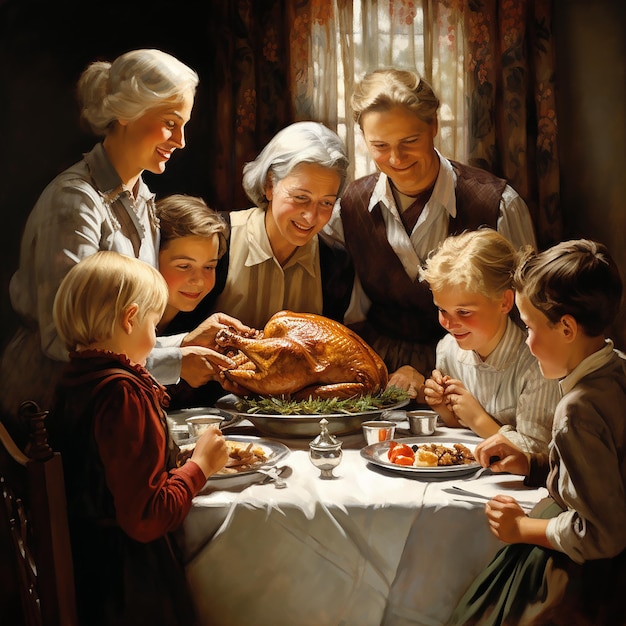 3D-Rendering von Familie am Thanksgiving-Tisch