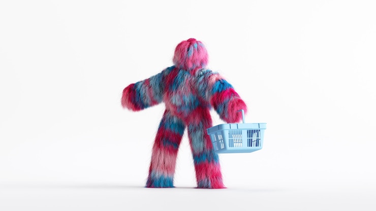 Foto 3d-rendering von farbenfrohen, haarigen yeti-cartoonfiguren, die einen leeren einkaufskorb halten