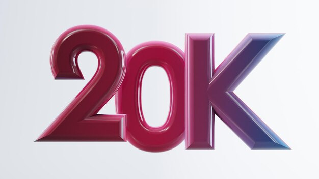 Foto 3d-rendering von farbigen zwanzigtausend 20k isoliert auf weißem hintergrund 20k oder 20000 follower danke