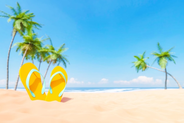 3D-Rendering von gelben Flip-Flops am Sandstrand gegen Palmen