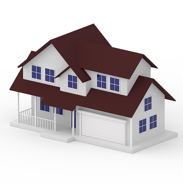 3D-Rendering von gemütlichem Haus mit Garage, isoliert auf weiss