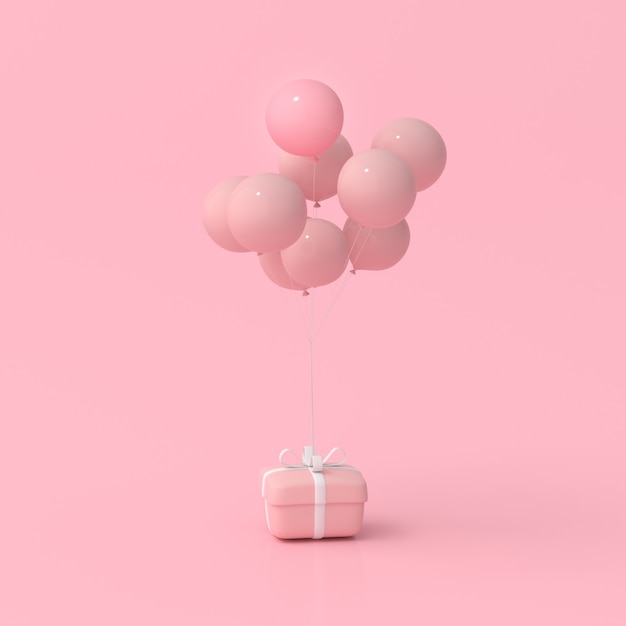 3D-Rendering von Geschenkbox und Ballons. Minimales Konzept.