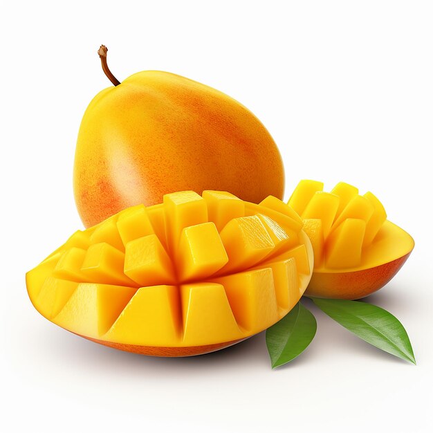 Foto 3d-rendering von geschnittener mango auf weißem hintergrund