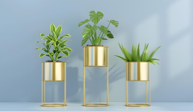 3D-Rendering von Goldmetall-Piedestal mit Monstera-Pflanze