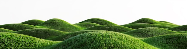 3D-Rendering von grasbewachsenen Hügeln, die auf einem weißen Hintergrund isoliert sind, Panorama-grüne Hügel, die isoliert werden