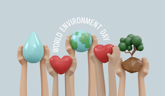 3D-Rendering von Hand, die Baum Erde Wassertropfen Herz Symbol Konzept des Weltumwelttages Hintergrund Banner Karte Poster 3D Render Illustration Cartoon-Stil