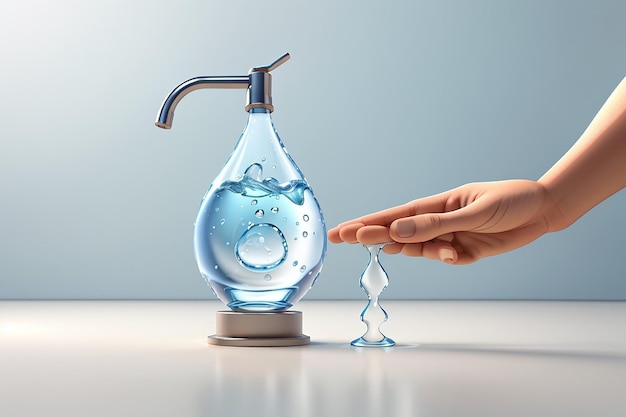3D-Rendering von Hand, die einen Wassertropfen aus dem Wasserhahn auf weißem Hintergrund isoliert, Konzept Save the Water Day in March 3D-rendering-Illustration im minimalistischen Cartoon-Stil