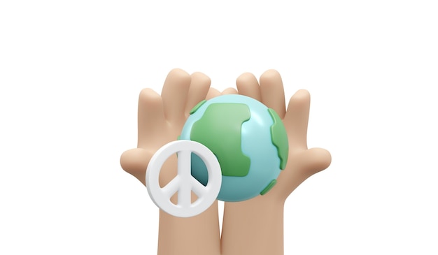 3D-Rendering von Hand, die Globus und Friedenszeichen auf weißem Hintergrund hält Konzept von No War Stop Fighting Save the World 3D Render Illustration Cartoon-Stil