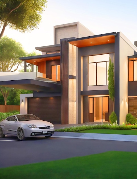 3D-Rendering von Haus- und Auto-Modell