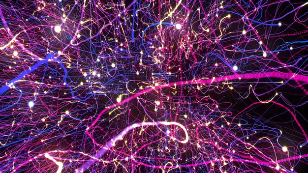 3D-Rendering von hellen, mehrfarbigen Partikeln füllt den Raum mit Strahlen aus Energie und Licht
