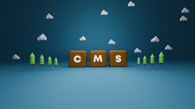 Foto 3d-rendering von holz cms block text auf blau