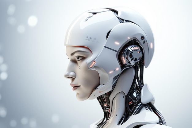 3D-Rendering von humanoiden Robotern mit Kopfhörern auf dunklem Hintergrund mit Binärcode
