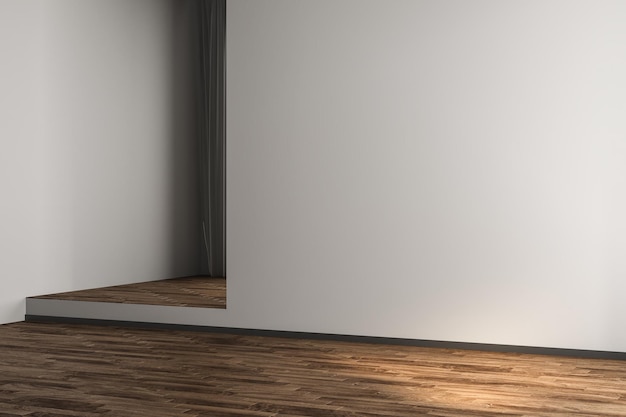 3D-Rendering von Innenräumen ohne Möbel. Weiße Wand und Parkettboden. 3D-Rendering