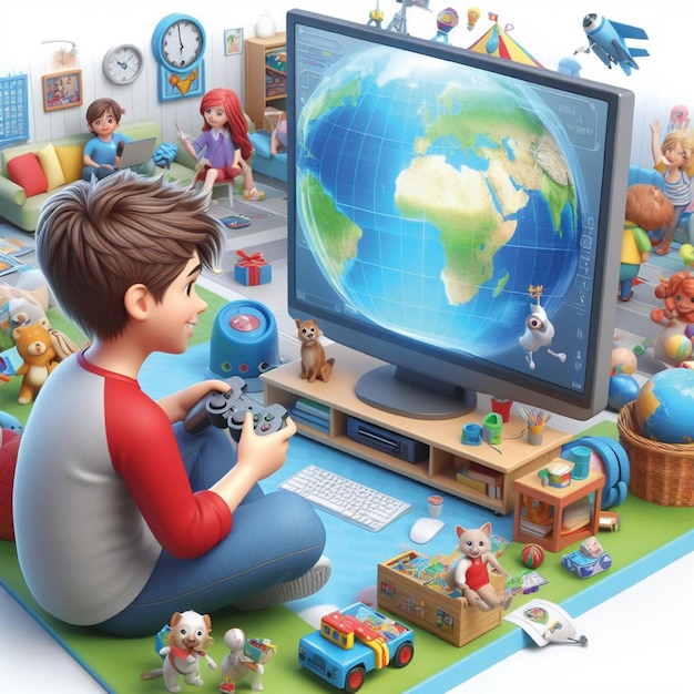 Foto 3d-rendering von kindern, die online spielen