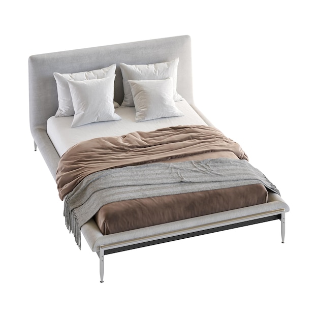 3D-Rendering von komfortabelem, modernem Bett, isoliert auf weißem Hintergrund